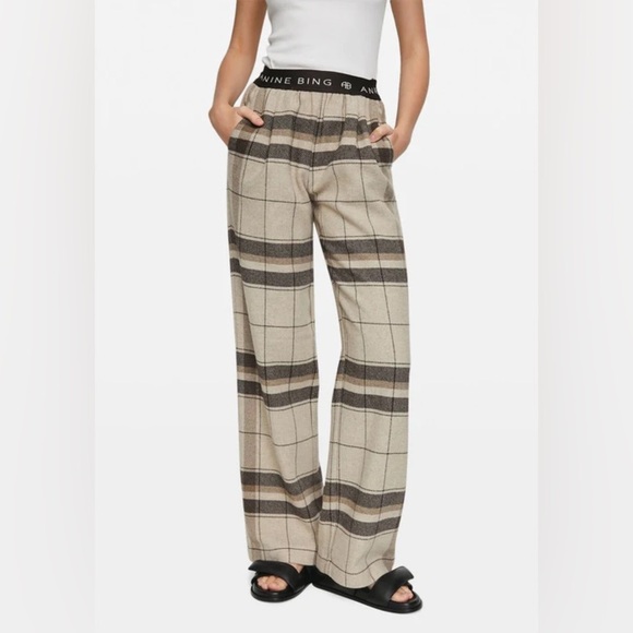 ANINE BING Karina Checked Wool Straight wide leg Pants khaki plaid trousers - Picture 1 of 13